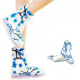 1Pair PVC Reusable Rain Shoe Covers Non-slip Boots Thicken Soles Raincoats Blue Plum Flower Overshoes