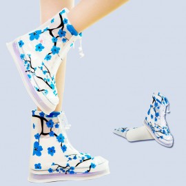 1Pair PVC Reusable Rain Shoe Covers Non-slip Boots Thicken Soles Raincoats Blue Plum Flower Overshoes