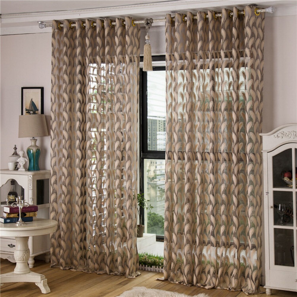 2 Panel Jacquard Feather Painted Sheer Tulle Curtains Bedroom Balcony Window Screening 4 Colors