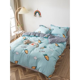 3/4 Pcs Carrot And Plaid Print AB Sided Aloe Cotton Comfy Bedding Set Sheet Duvet Cover Pillowcase