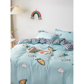 3/4 Pcs Carrot And Plaid Print AB Sided Aloe Cotton Comfy Bedding Set Sheet Duvet Cover Pillowcase