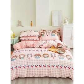 3/4 Pcs Cartoon Character And Plaid Print AB Sided Aloe Cotton Comfy Bedding Set Sheet Duvet Cover Pillowcase