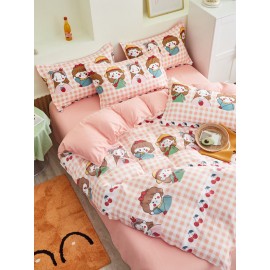 3/4 Pcs Cartoon Character And Plaid Print AB Sided Aloe Cotton Comfy Bedding Set Sheet Duvet Cover Pillowcase