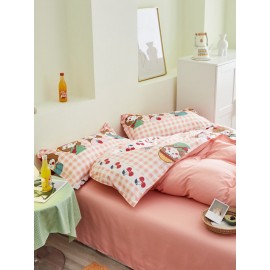 3/4 Pcs Cartoon Character And Plaid Print AB Sided Aloe Cotton Comfy Bedding Set Sheet Duvet Cover Pillowcase