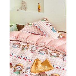 3/4 Pcs Cartoon Character And Plaid Print AB Sided Aloe Cotton Comfy Bedding Set Sheet Duvet Cover Pillowcase