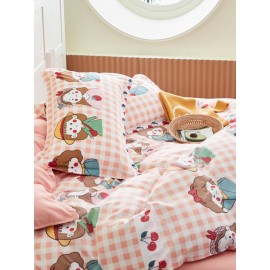 3/4 Pcs Cartoon Character And Plaid Print AB Sided Aloe Cotton Comfy Bedding Set Sheet Duvet Cover Pillowcase