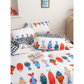 3/4 Pcs Cartoon Fish And Plaid Print AB Sided Aloe Cotton Comfy Bedding Set Sheet Duvet Cover Pillowcase