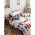 3/4 Pcs Cartoon Fish And Plaid Print AB Sided Aloe Cotton Comfy Bedding Set Sheet Duvet Cover Pillowcase