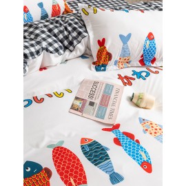 3/4 Pcs Cartoon Fish And Plaid Print AB Sided Aloe Cotton Comfy Bedding Set Sheet Duvet Cover Pillowcase