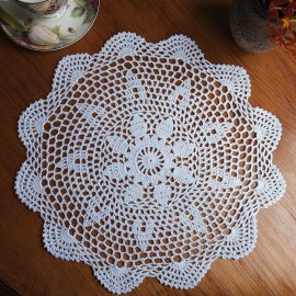 37cm Round White Pure Cotton Yarn Hand Crochet Lace Doily Placemat Table Cloth Decor