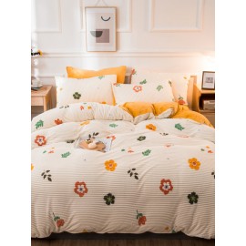 4 Pcs AB Sided Floral Overlay Print Velvet Comfy Bedding Set Sheet Duvet Cover Pillowcase