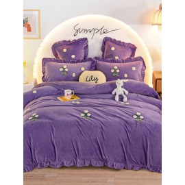 4Pcs Flannel Floral Overlay Towel Embroidery Autumn And Winter Warm Comfy Bedding Milk Velvet Series Kit