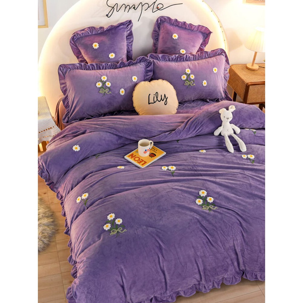 4Pcs Flannel Floral Overlay Towel Embroidery Autumn And Winter Warm Comfy Bedding Milk Velvet Series Kit