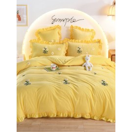 4Pcs Flannel Floral Overlay Towel Embroidery Autumn And Winter Warm Comfy Bedding Milk Velvet Series Kit