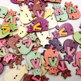 50 Pcs Cute Cat Shaped Animals Wooden Sewing Buttons Two holes Buttons Craft Decoration Materials