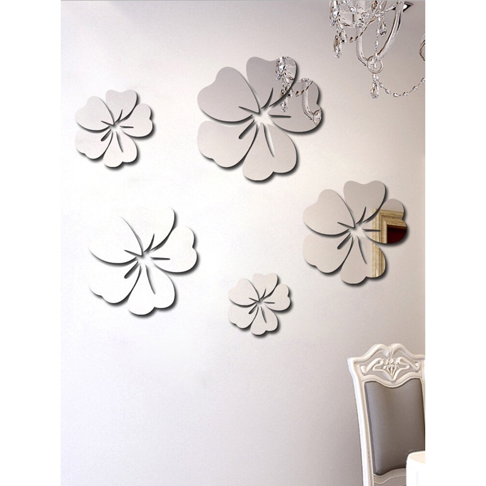 5pcs Flower Pattern Mirror Sticker Home Decor 3D Decal Art DIY Mural Decal For Living Room Decoration PVC Self Adhesive Poster