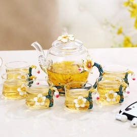 7pcs Teapot Set Apricot Flower Pattern Enamel Glass Set 1 Teapot with 6 Teacups Gift