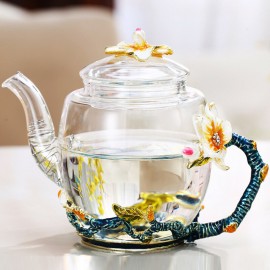 7pcs Teapot Set Apricot Flower Pattern Enamel Glass Set 1 Teapot with 6 Teacups Gift