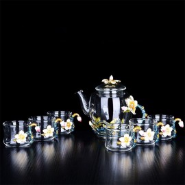 7pcs Teapot Set Apricot Flower Pattern Enamel Glass Set 1 Teapot with 6 Teacups Gift