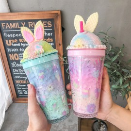 Animal Ears Gradient Straw Cups Go Out Portable Summer Double-Layer Large-Capacity Cups