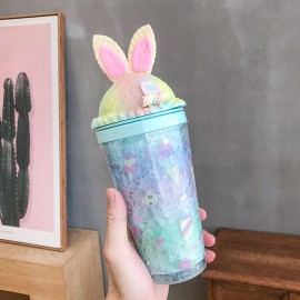 Animal Ears Gradient Straw Cups Go Out Portable Summer Double-Layer Large-Capacity Cups