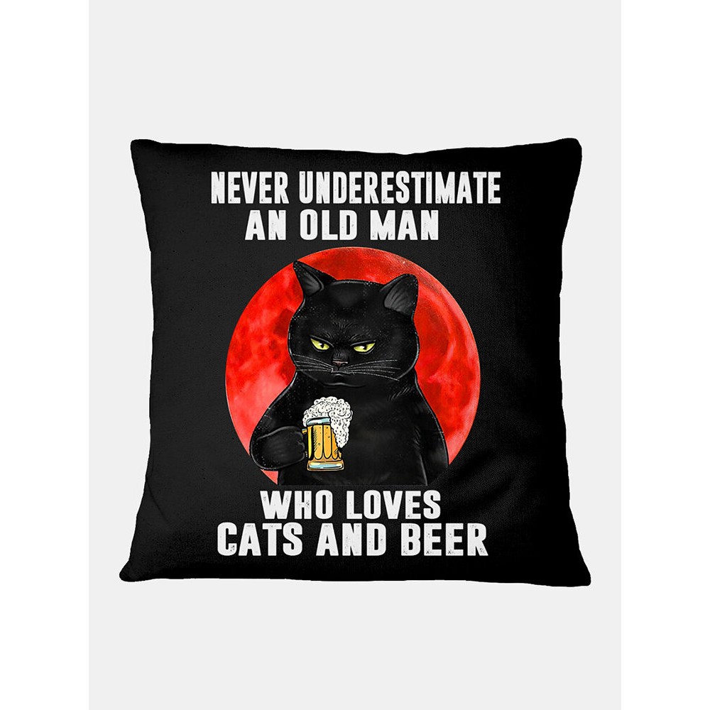 Black Cat And Letter Pattern Linen Cushion Cover Home Sofa Art Decor Throw Pillowcase