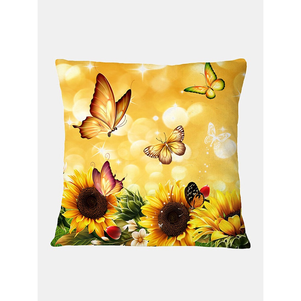 Butterfly And Flower Pattern Linen Cushion Cover Home Sofa Art Decor Throw Pillowcase