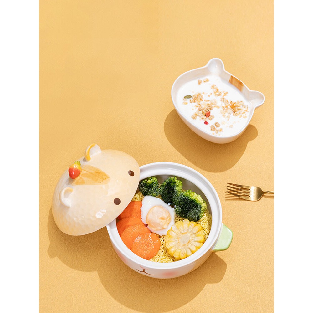 Cartoon Ceramic Bowls Dishes Children Girls Creative Noodle Bowl Household Small Hamster Cutlery Set