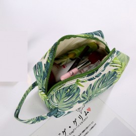 Creative Plant Print Cosmetic Bag Travel Wash Bag Cotton Canvas Storage Bag Large Capacity