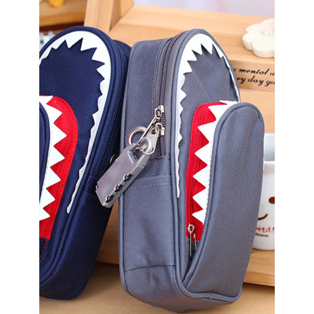 Creative Shark Large Capacity Canvas School Pencil Case With Code Lock Cosmetic Bag