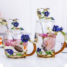 Crystal Glass Enamel Rose Flower Tea Cup Juice Coffee Mugs Festival Gift