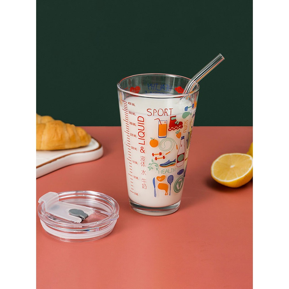 Cute Graffiti Glass Thickened Heat-Resistant Large-Capacity Breakfast Scale Cup