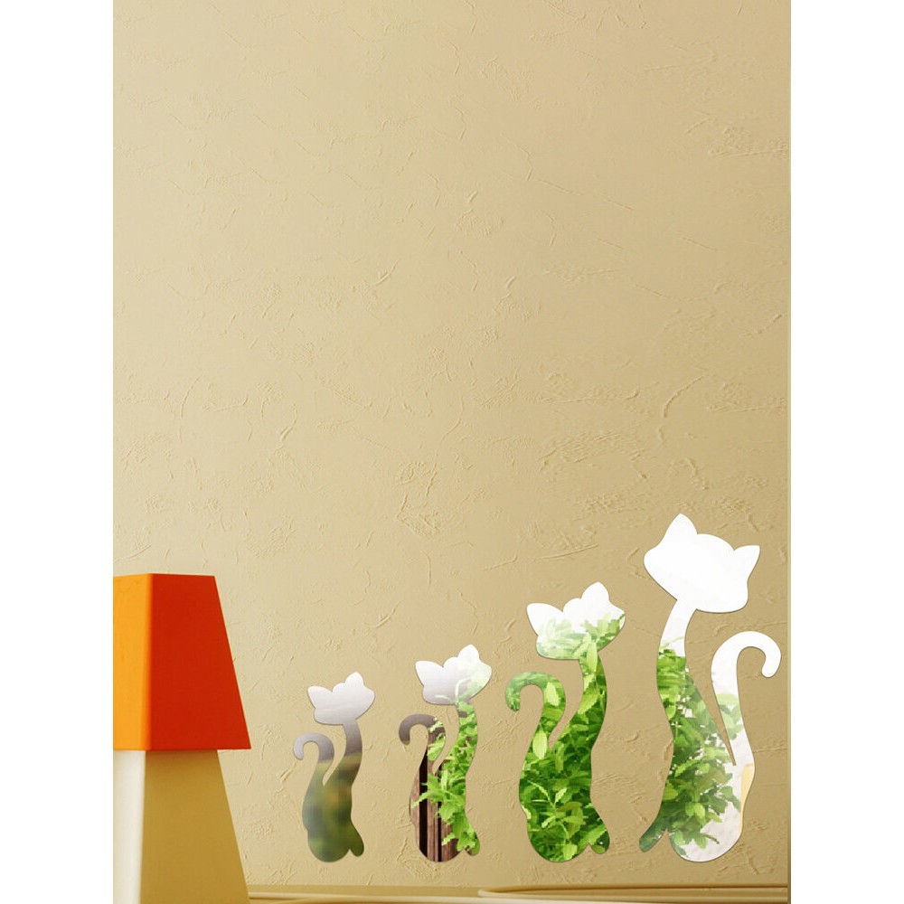 DIY 3D Four Cute Cats Acrylic Mirror Wall Stickers Home Room Art Decal