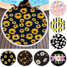 Daisy Sunflower Round Beach Towel Blanket Hawaii Hawaiian Tropical Large Microfiber Terry Beach Roundie Palm Circle Picnic Carpet Yoga Mat with Fringe