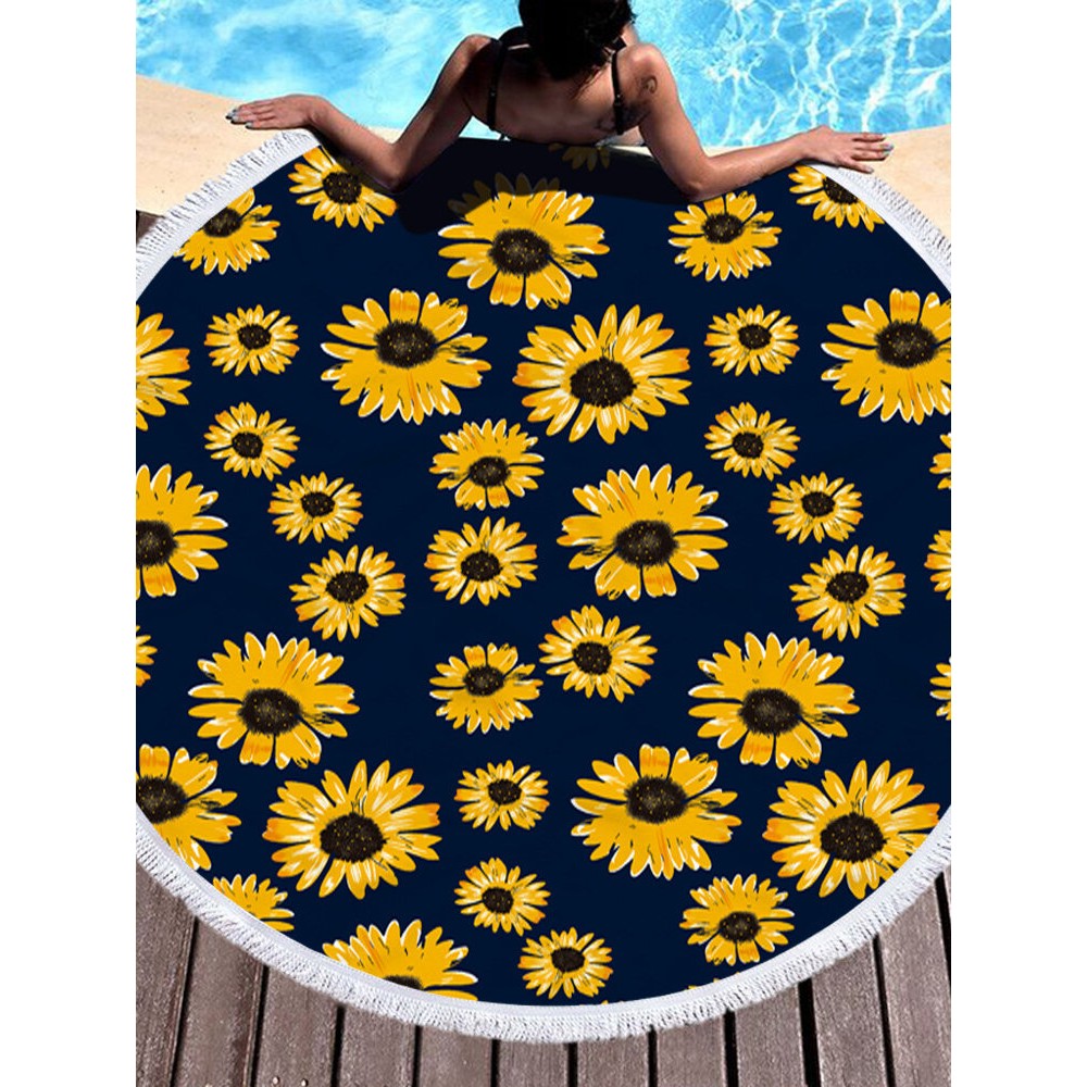 Daisy Sunflower Round Beach Towel Blanket Hawaii Hawaiian Tropical Large Microfiber Terry Beach Roundie Palm Circle Picnic Carpet Yoga Mat with Fringe