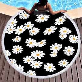 Daisy Sunflower Round Beach Towel Blanket Hawaii Hawaiian Tropical Large Microfiber Terry Beach Roundie Palm Circle Picnic Carpet Yoga Mat with Fringe