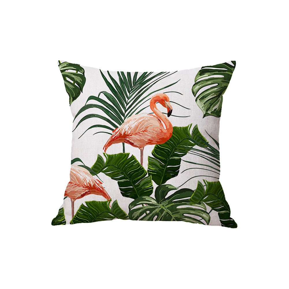 Flamingo Linen Throw Pillow Cover Pattern Watercolour Green Tropical Leaves Monstera Leaf Palm Aloha