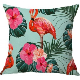 Flamingo Linen Throw Pillow Cover Pattern Watercolour Green Tropical Leaves Monstera Leaf Palm Aloha