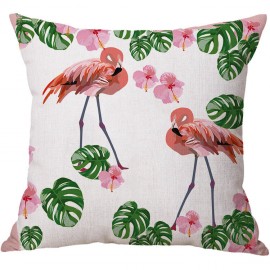 Flamingo Linen Throw Pillow Cover Pattern Watercolour Green Tropical Leaves Monstera Leaf Palm Aloha