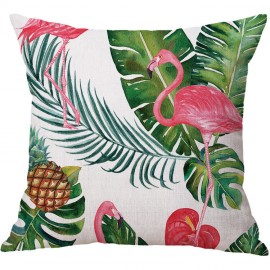 Flamingo Linen Throw Pillow Cover Pattern Watercolour Green Tropical Leaves Monstera Leaf Palm Aloha