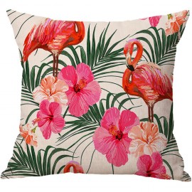 Flamingo Linen Throw Pillow Cover Pattern Watercolour Green Tropical Leaves Monstera Leaf Palm Aloha