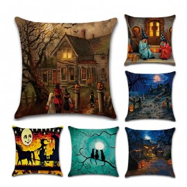 Halloween Witches Pumpkin Pattern Linen Cushion Cover Home Sofa Halloween Art Decor