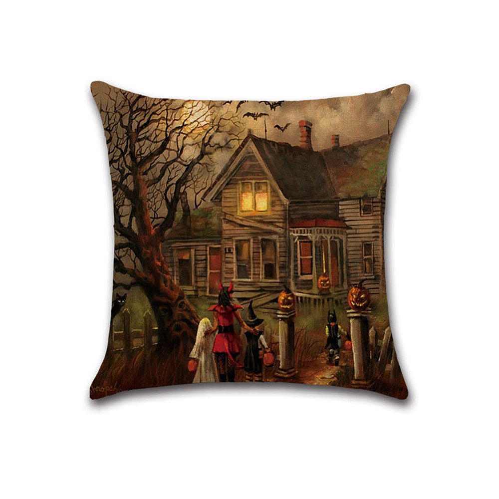 Halloween Witches Pumpkin Pattern Linen Cushion Cover Home Sofa Halloween Art Decor