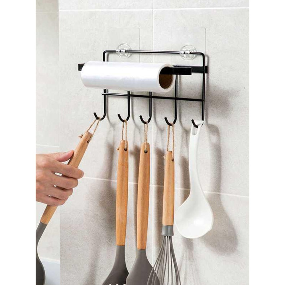 Iron Rack Multifunctional Kitchen Utensil Hook Free Punch Paper Roll Storage Rack Towel Rack