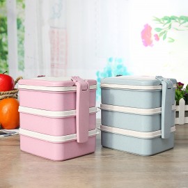 Large Capacity Cartoon Bear Three-layer Lunch Box With Spoon Fork Portable Wheat Straw Bento Box