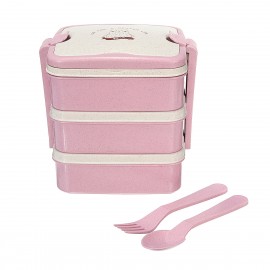 Large Capacity Cartoon Bear Three-layer Lunch Box With Spoon Fork Portable Wheat Straw Bento Box