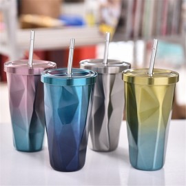 Portable Travel Mug Stainless Steel Coffee Ice Cup With Stainless Steel Drinking Straw