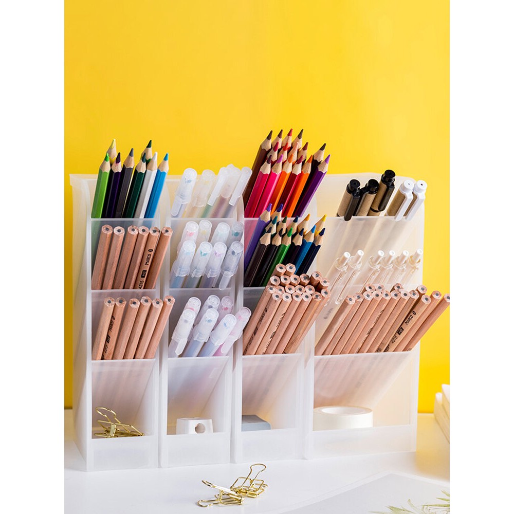 Scrub Pen Holder Multi-Layer Grid Creative Fashion Desktop Decoration Makeup Brush Obliquely Inserted Transparent Storage Box