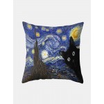 Sky And Black Cat Pattern Linen Cushion Cover Home Sofa Art Decor Throw Pillowcase