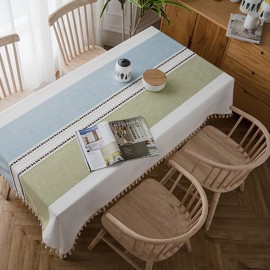 Stitching Tassel Tablecloth Cotton Linen Fabric Dust-Proof Table Cover for Kitchen Dinning Tabletop Decoration